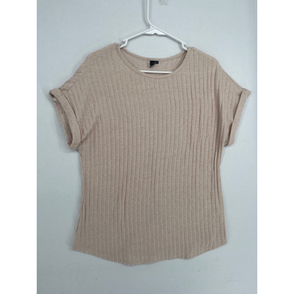 Amet Women Ribbed Knit Top Short Sleeve Cuffed Crew Neck Beige Size L SZ240801